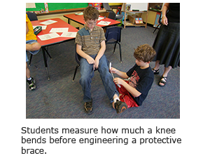 Students measure how much a knee bends before engineering a protective brace.