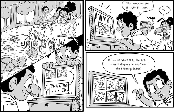 comic panel showing 2 kids identifying trash in water