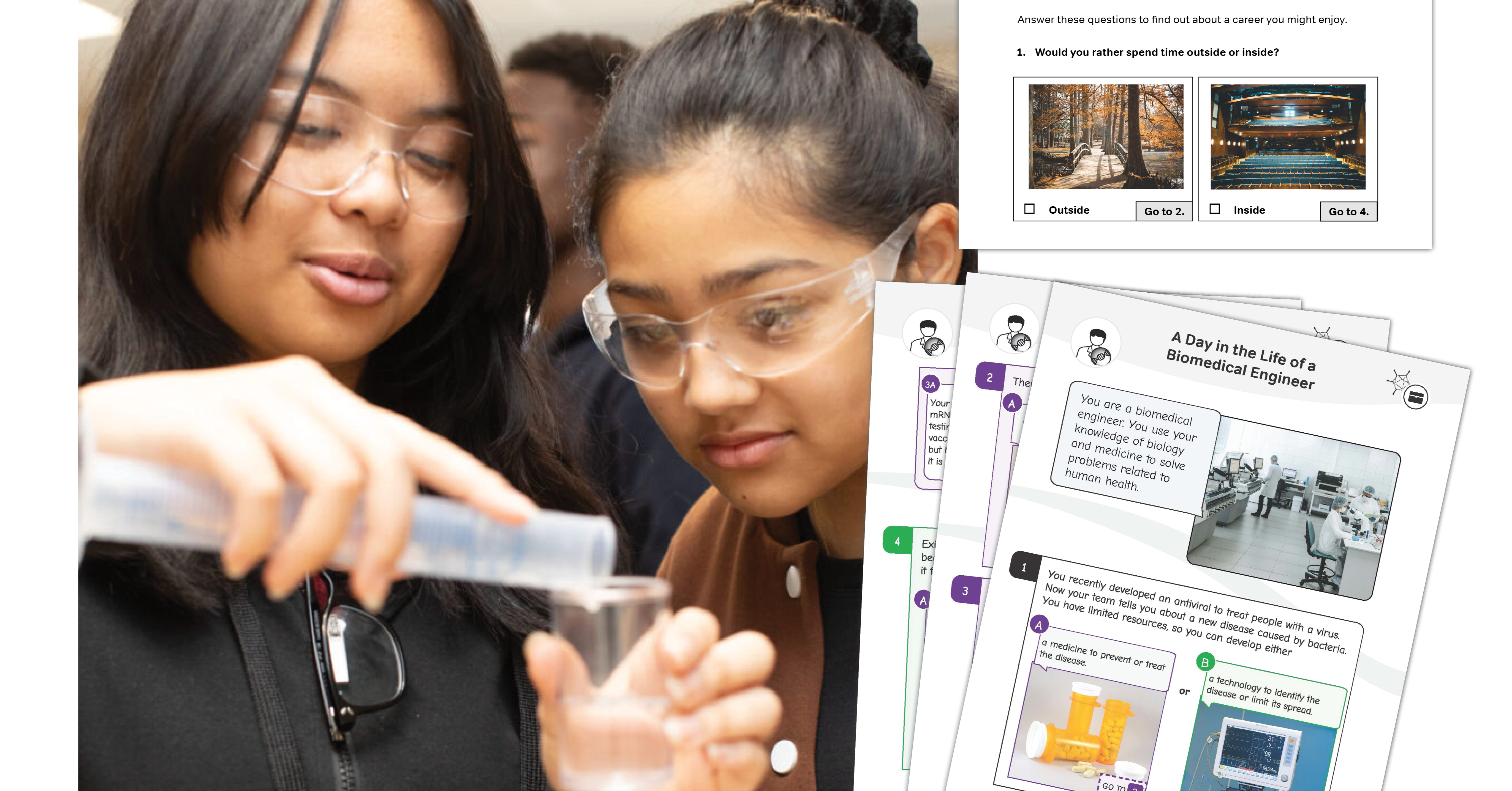 Two girls pouring into a glass vial and note pages.